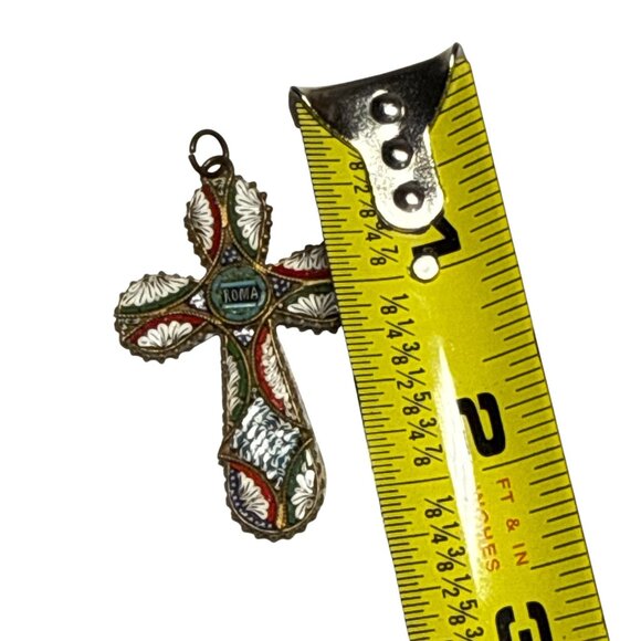 Vintage Italian Micro Mosaic Cross Pendant Roma Religious Enamel Jewelry - Picture 7 of 8